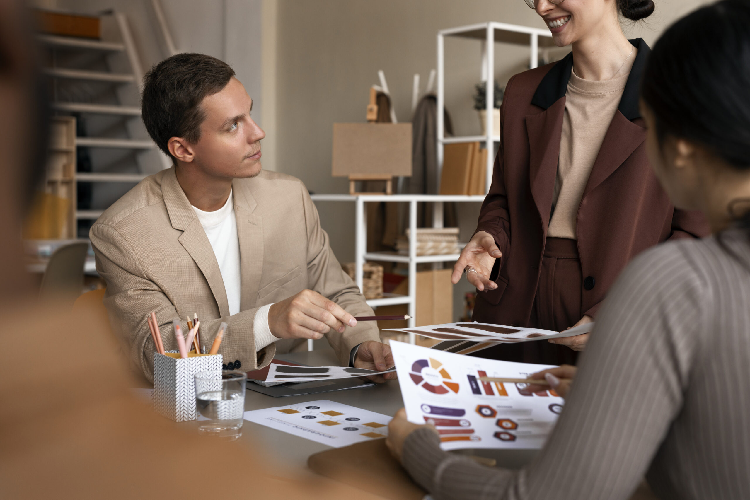 Home side view colleagues working as team